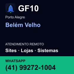 GF10 em Belém Velho, Porto Alegre: atendimento remoto. Sites, lojas, aplicações, idiomas, manutenção e SEO. WhatsApp (41) 99272-1004.