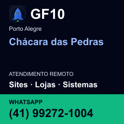 GF10 em Chácara das Pedras, Porto Alegre: atendimento remoto. Sites, lojas, aplicações, idiomas, manutenção e SEO. WhatsApp (41) 99272-1004.