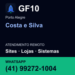 GF10 em Costa e Silva, Porto Alegre: atendimento remoto. Sites, lojas, aplicações, idiomas, manutenção e SEO. WhatsApp (41) 99272-1004.