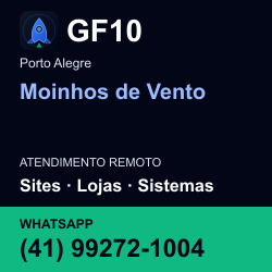 GF10 em Moinhos de Vento, Porto Alegre: atendimento remoto. Sites, lojas, aplicações, idiomas, manutenção e SEO. WhatsApp (41) 99272-1004.