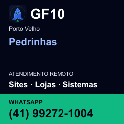 GF10 em Pedrinhas, Porto Velho: atendimento remoto. Sites, lojas, aplicações, idiomas, manutenção e SEO. WhatsApp (41) 99272-1004.