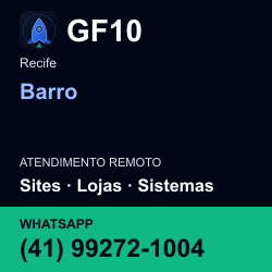 GF10 em Barro, Recife: atendimento remoto. Sites, lojas, aplicações, idiomas, manutenção e SEO. WhatsApp (41) 99272-1004.