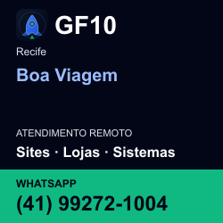 GF10 em Boa Viagem, Recife: atendimento remoto. Sites, lojas, aplicações, idiomas, manutenção e SEO. WhatsApp (41) 99272-1004.