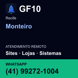 GF10 em Monteiro, Recife: atendimento remoto. Sites, lojas, aplicações, idiomas, manutenção e SEO. WhatsApp (41) 99272-1004.