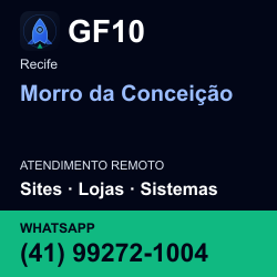 GF10 em Morro da Conceição, Recife: atendimento remoto. Sites, lojas, aplicações, idiomas, manutenção e SEO. WhatsApp (41) 99272-1004.