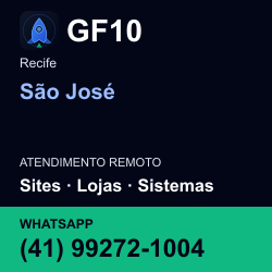GF10 em São José, Recife: atendimento remoto. Sites, lojas, aplicações, idiomas, manutenção e SEO. WhatsApp (41) 99272-1004.