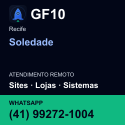 GF10 em Soledade, Recife: atendimento remoto. Sites, lojas, aplicações, idiomas, manutenção e SEO. WhatsApp (41) 99272-1004.