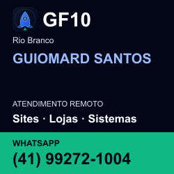 GF10 em GUIOMARD SANTOS, Rio Branco: atendimento remoto. Sites, lojas, aplicações, idiomas, manutenção e SEO. WhatsApp (41) 99272-1004.