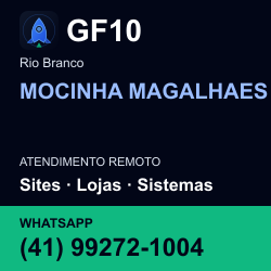 GF10 em MOCINHA MAGALHAES, Rio Branco: atendimento remoto. Sites, lojas, aplicações, idiomas, manutenção e SEO. WhatsApp (41) 99272-1004.