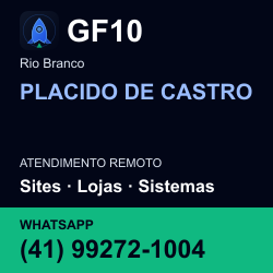 GF10 em PLACIDO DE CASTRO, Rio Branco: atendimento remoto. Sites, lojas, aplicações, idiomas, manutenção e SEO. WhatsApp (41) 99272-1004.
