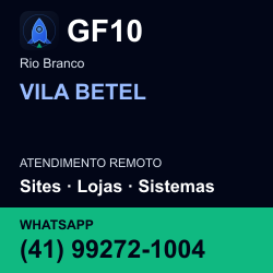 GF10 em VILA BETEL, Rio Branco: atendimento remoto. Sites, lojas, aplicações, idiomas, manutenção e SEO. WhatsApp (41) 99272-1004.