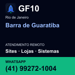 GF10 em Barra de Guaratiba, Rio de Janeiro: atendimento remoto. Sites, lojas, aplicações, idiomas, manutenção e SEO. WhatsApp (41) 99272-1004.