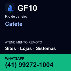 GF10 em Catete, Rio de Janeiro: atendimento remoto. Sites, lojas, aplicações, idiomas, manutenção e SEO. WhatsApp (41) 99272-1004.