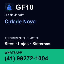 GF10 em Cidade Nova, Rio de Janeiro: atendimento remoto. Sites, lojas, aplicações, idiomas, manutenção e SEO. WhatsApp (41) 99272-1004.