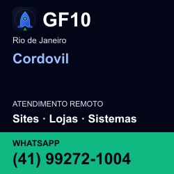 GF10 em Cordovil, Rio de Janeiro: atendimento remoto. Sites, lojas, aplicações, idiomas, manutenção e SEO. WhatsApp (41) 99272-1004.