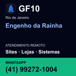GF10 em Engenho da Rainha, Rio de Janeiro: atendimento remoto. Sites, lojas, aplicações, idiomas, manutenção e SEO. WhatsApp (41) 99272-1004.