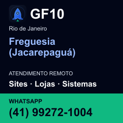 GF10 em Freguesia (Jacarepaguá), Rio de Janeiro: atendimento remoto. Sites, lojas, aplicações, idiomas, manutenção e SEO. WhatsApp (41) 99272-1004.