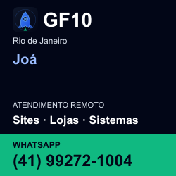 GF10 em Joá, Rio de Janeiro: atendimento remoto. Sites, lojas, aplicações, idiomas, manutenção e SEO. WhatsApp (41) 99272-1004.