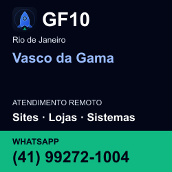GF10 em Vasco da Gama, Rio de Janeiro: atendimento remoto. Sites, lojas, aplicações, idiomas, manutenção e SEO. WhatsApp (41) 99272-1004.