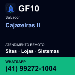 GF10 em Cajazeiras II, Salvador: atendimento remoto. Sites, lojas, aplicações, idiomas, manutenção e SEO. WhatsApp (41) 99272-1004.