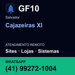 GF10 em Cajazeiras XI, Salvador: atendimento remoto. Sites, lojas, aplicações, idiomas, manutenção e SEO. WhatsApp (41) 99272-1004.