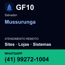 GF10 em Mussurunga, Salvador: atendimento remoto. Sites, lojas, aplicações, idiomas, manutenção e SEO. WhatsApp (41) 99272-1004.