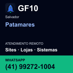 GF10 em Patamares, Salvador: atendimento remoto. Sites, lojas, aplicações, idiomas, manutenção e SEO. WhatsApp (41) 99272-1004.