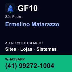GF10 em Ermelino Matarazzo, São Paulo: atendimento remoto. Sites, lojas, aplicações, idiomas, manutenção e SEO. WhatsApp (41) 99272-1004.