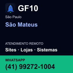 GF10 em São Mateus, São Paulo: atendimento remoto. Sites, lojas, aplicações, idiomas, manutenção e SEO. WhatsApp (41) 99272-1004.