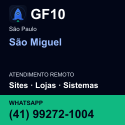 GF10 em São Miguel, São Paulo: atendimento remoto. Sites, lojas, aplicações, idiomas, manutenção e SEO. WhatsApp (41) 99272-1004.
