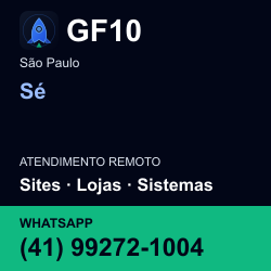 GF10 em Sé, São Paulo: atendimento remoto. Sites, lojas, aplicações, idiomas, manutenção e SEO. WhatsApp (41) 99272-1004.