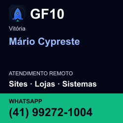 GF10 em Mário Cypreste, Vitória: atendimento remoto. Sites, lojas, aplicações, idiomas, manutenção e SEO. WhatsApp (41) 99272-1004.