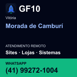 GF10 em Morada de Camburí, Vitória: atendimento remoto. Sites, lojas, aplicações, idiomas, manutenção e SEO. WhatsApp (41) 99272-1004.