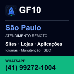 GF10 em São Paulo: atendimento remoto. Sites, lojas, aplicações, idiomas, manutenção e SEO. WhatsApp (41) 99272-1004.